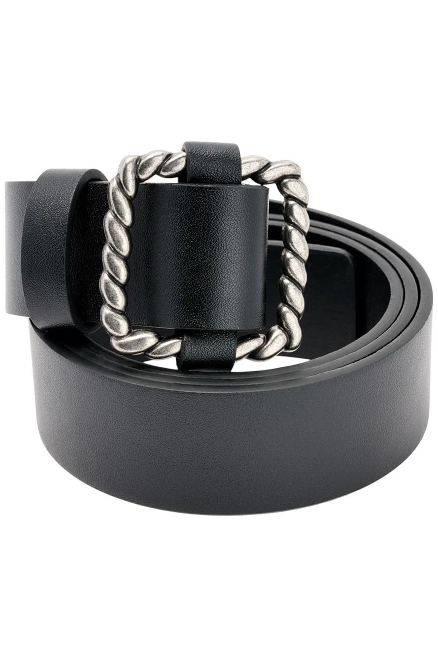 Susan Graver Women'ss Faux Leather Belt w/ Square Metal Buckle Black